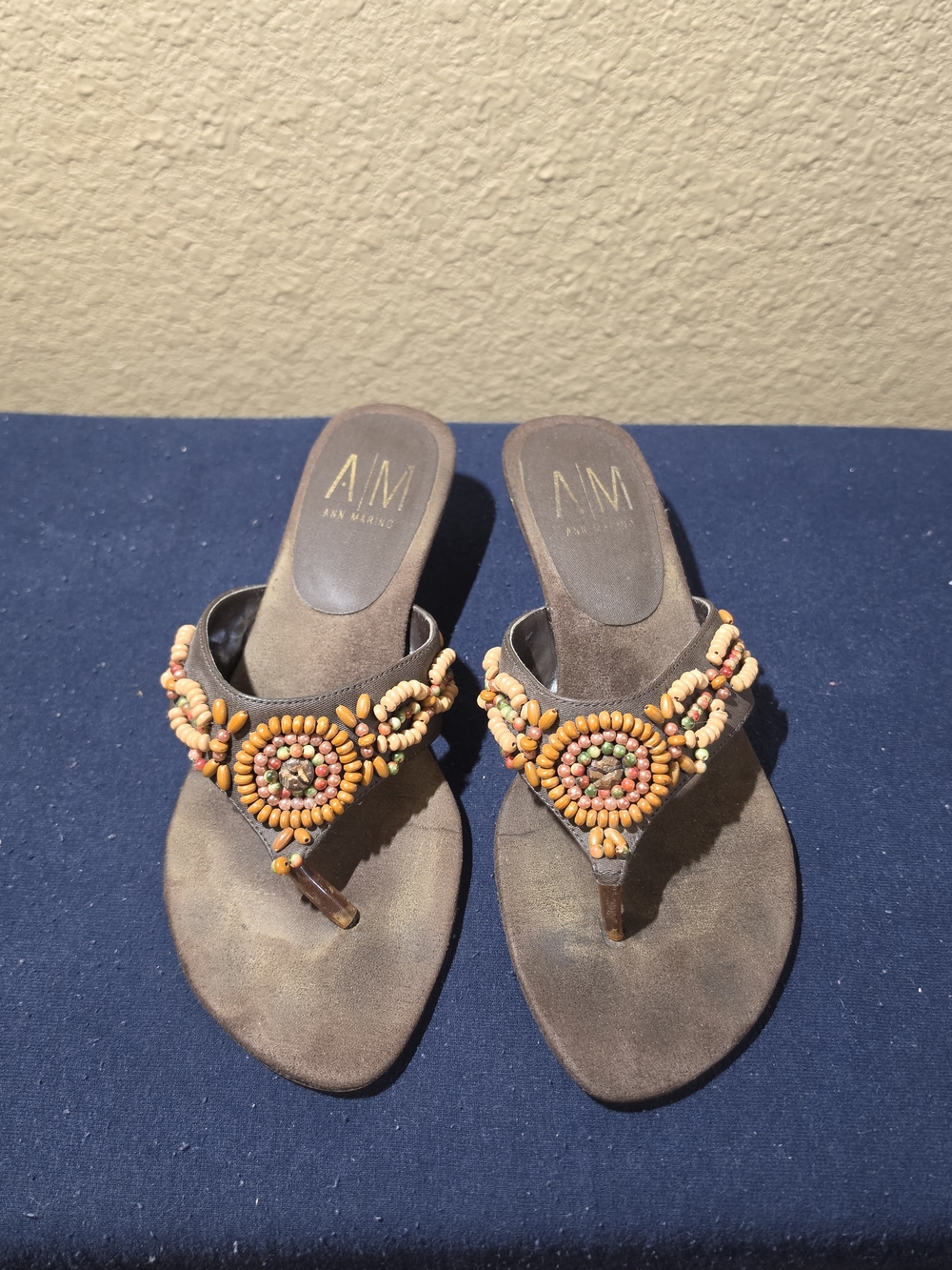Ann Marino Brown Beaded Thong Sandals with Multicolor Accents - Picture 1 of 5